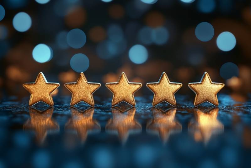 image of 5 glowing stars against dark blue background